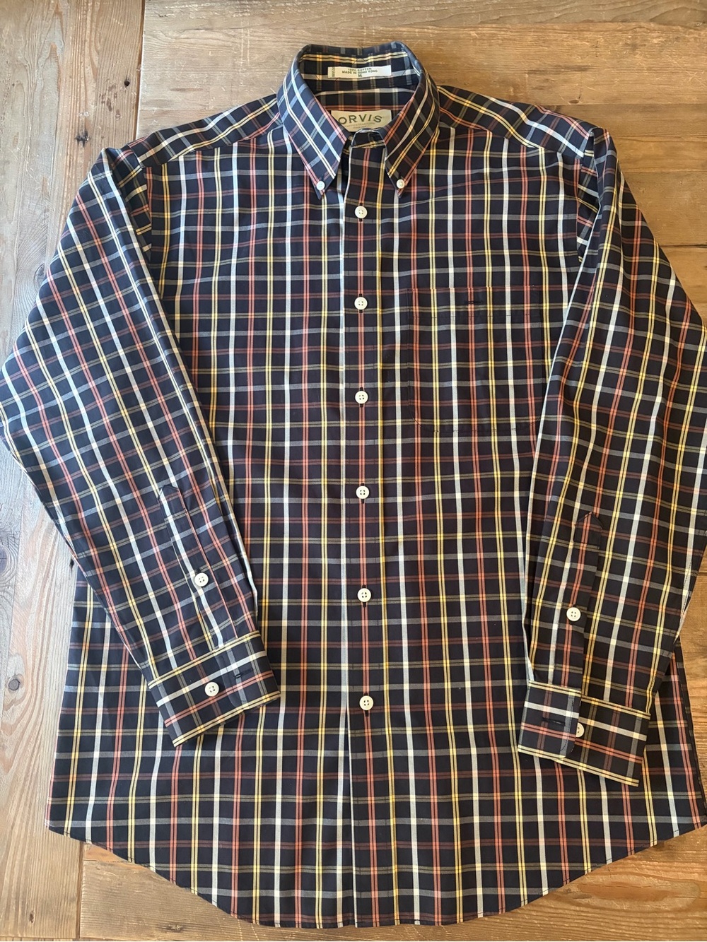 Orvis Men's Plaid Button-Down Shirt in Brown with Cream & Orange Accents